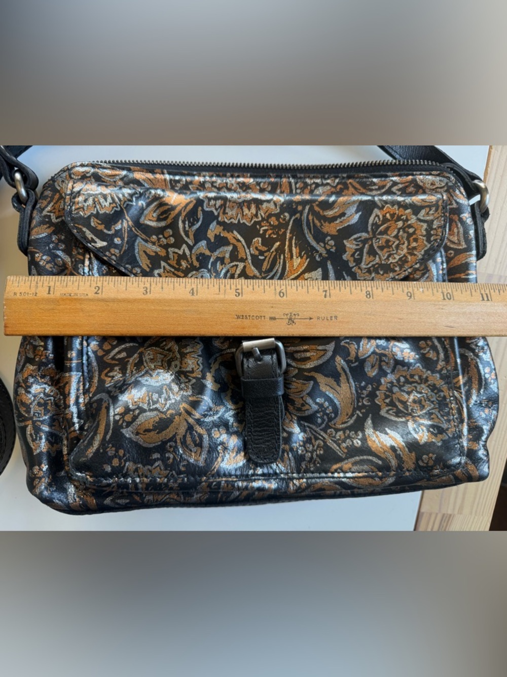 Patricia Nash metallic shimmer black & gold floral crossbody satchel EUC! - Picture 6 of 9